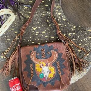 Handmade Purse leather and fringe deer skull